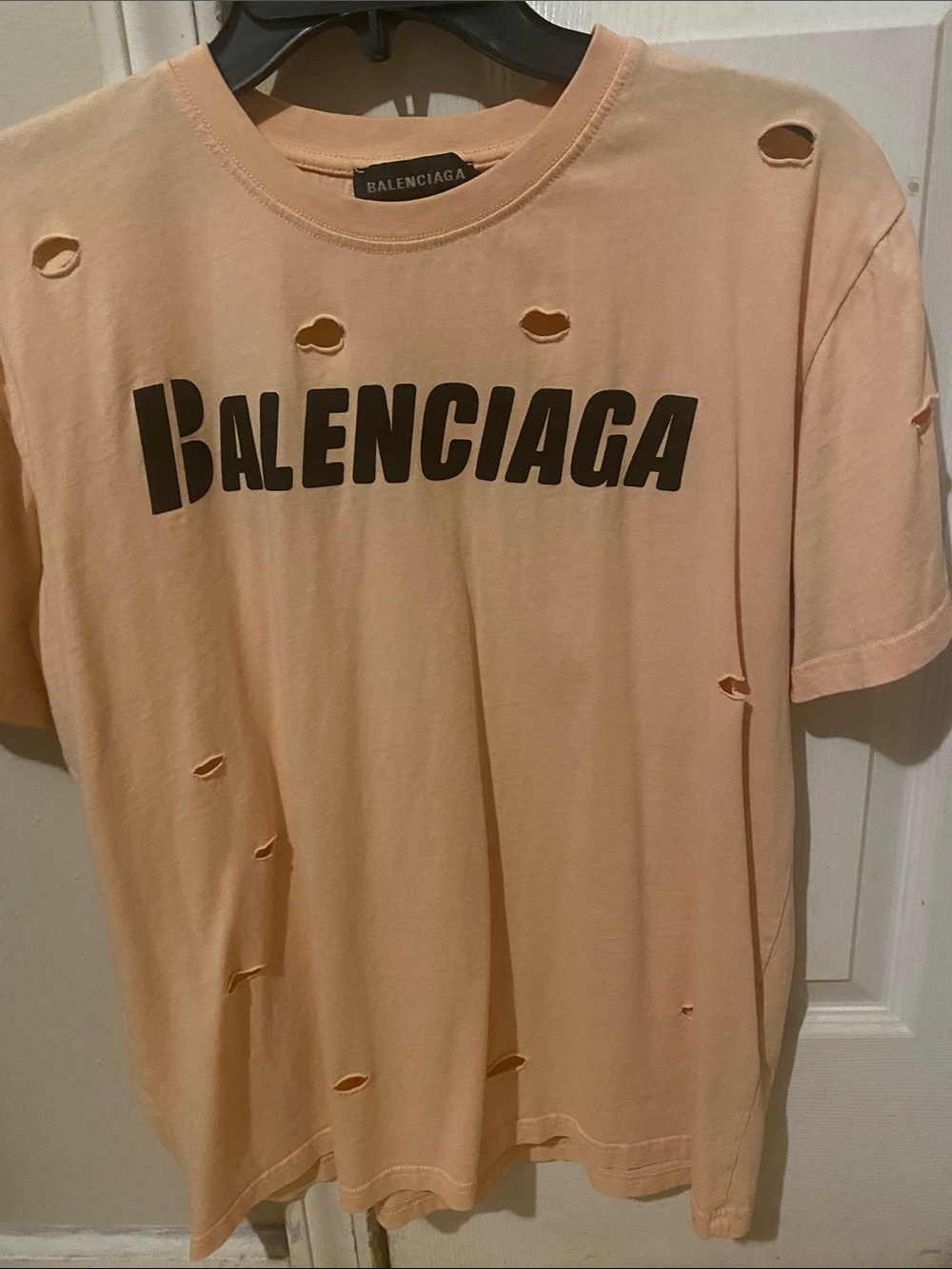 Balenciaga Peach Short-Sleeve Logo Tee with Distressed Detailing